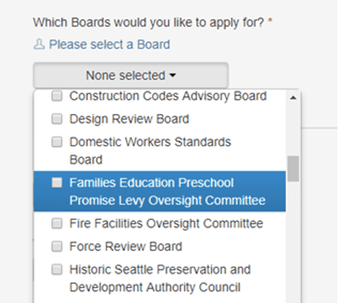 Image shows a screenshot of a drop down-menu in the application, with the selection highlighted for "Families Education Preschool and Promise Levy Oversight Committee". 