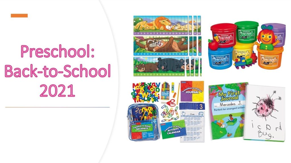 Home Learning Kits for Preschool: Back To School 2021. Image shows a backpack, dough, puzzles, and a journal. 