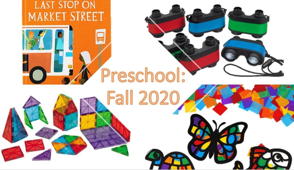 DEEL's Preschool Home Learning Kit for Fall 2020 included a book, binoculars, magna-tiles, a sun catchers craft kit and other items. 