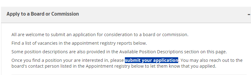 Images shows a screenshot that instructs the viewer to go to “Apply to a Board or Commission” bar, and then click “submit your application” to access the application.