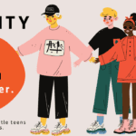 Graphic of diverse teens standing together holding hands, with text that states "Community Hub: We