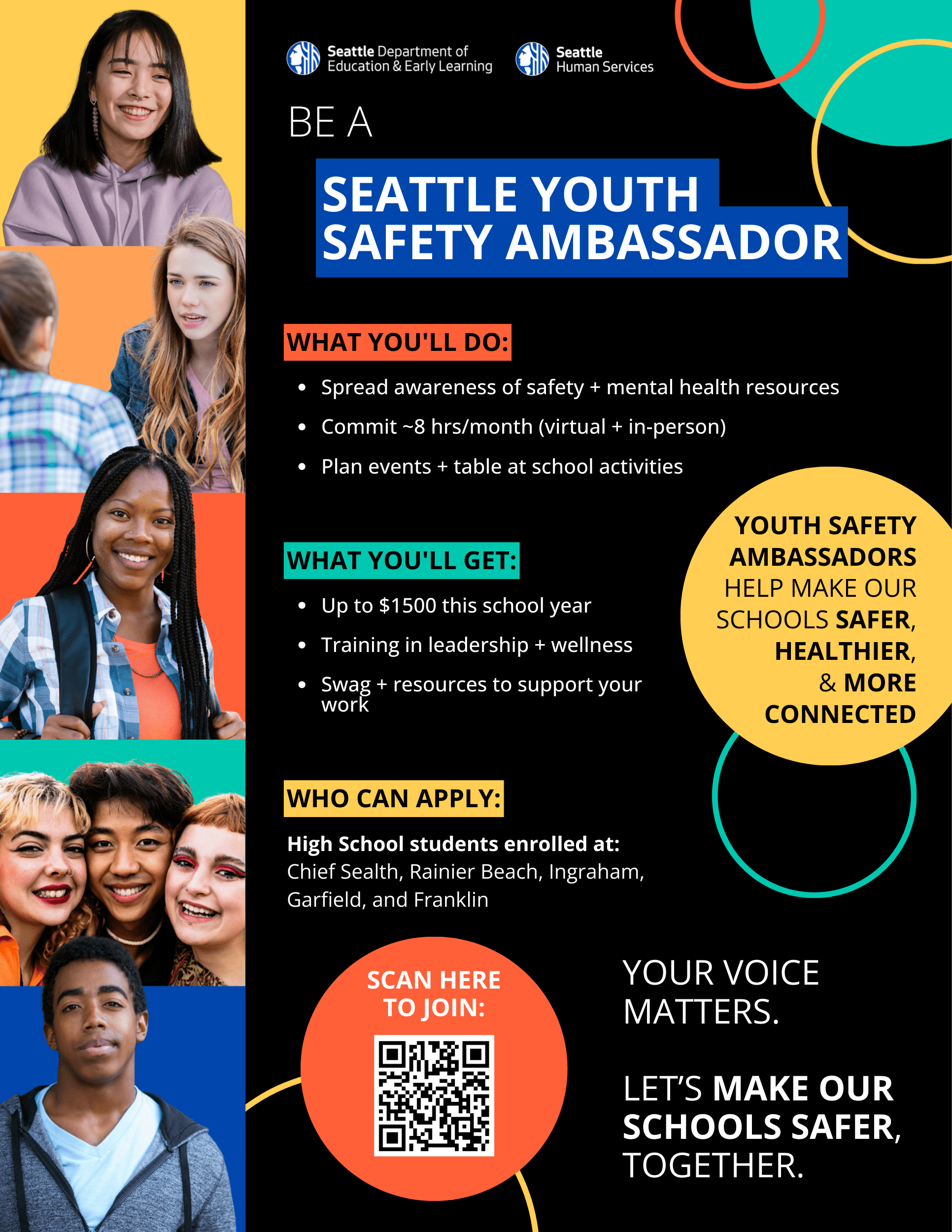 Seattle Youth Safety Ambassador poster with black background, colorful text, and images of diverse high school-aged youth on the left side.