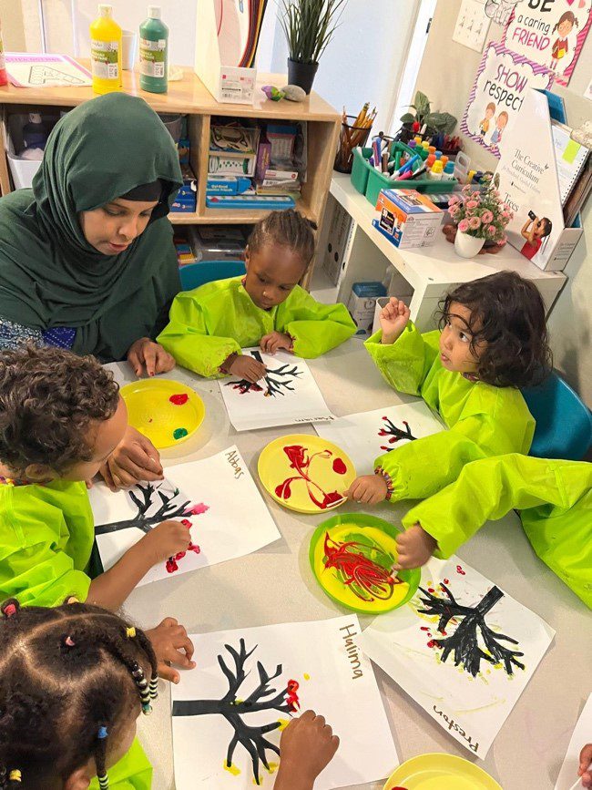 Preschool children paint with their hands while their teacher leads them.