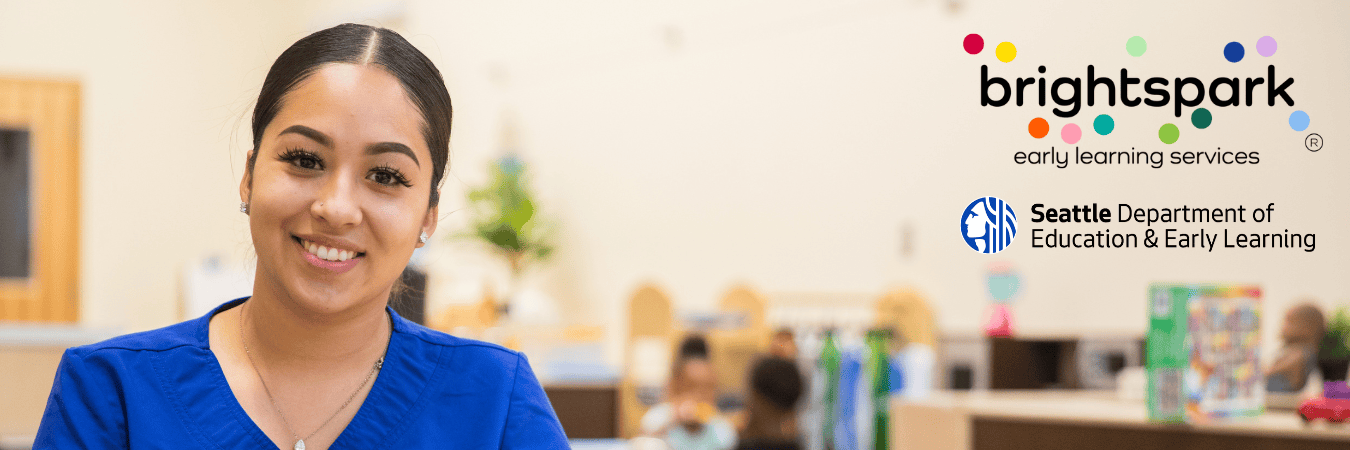 Header image feature a childcare worker with dark hair and blue uniform in an early learning classroom, with logos for Brightspark Early Learning Services and DEEL.